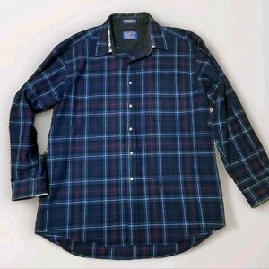Pendleton 100% Wool Flannel Button Down Shirt Mackenzie Blue Tartan Plaid Mens L